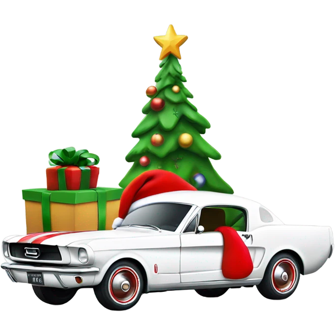 Create a merry Christmas’s message with a white mustang car from the 1960s with Santa in the drivers seat  emoji