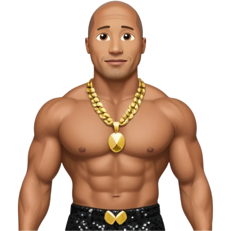 Dwayne Johnson with black sequin baggy pants, shirtless with necklace emoji