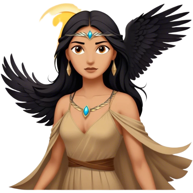 Cinematic Stunning Pocahontas Portrait Emoji, Windswept raven hair flowing behind her, deep brown eyes filled with wisdom and strength, glowing sun-kissed skin, wearing her elegant tan dress, the spirit of the wild in her expression, breathtakingly majestic! emoji