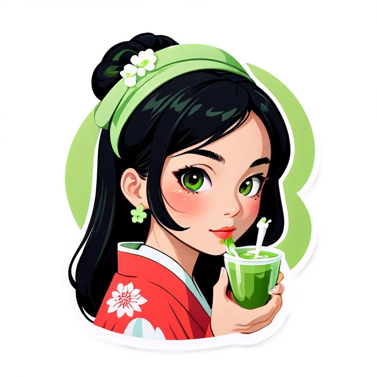 Asian woman with black hair and Matcha emoji