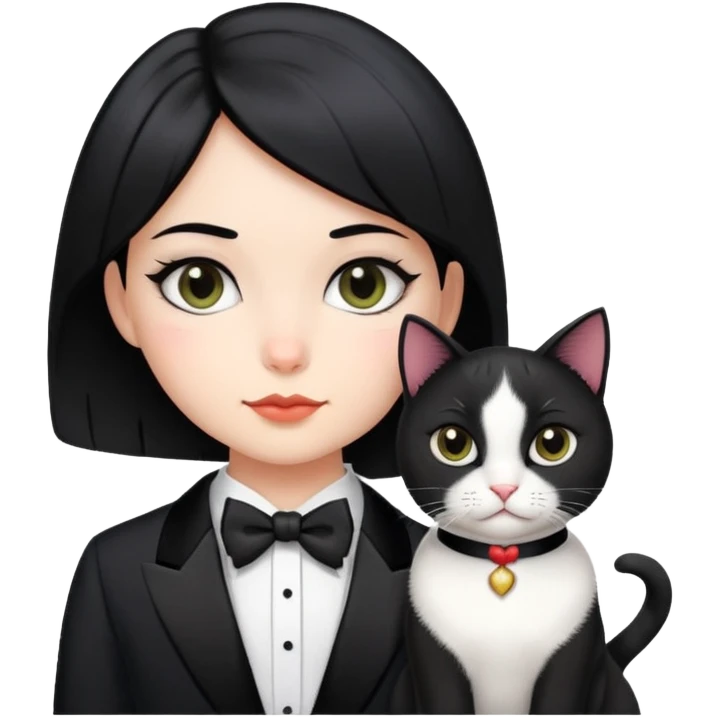 A girl with short black middle parted  hair parted in the middle, fair skin, and a tuxedo cat. emoji