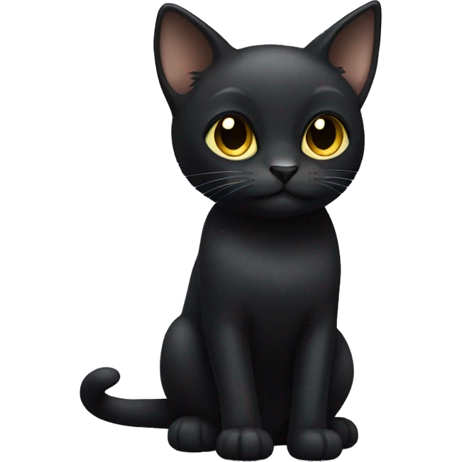 Small, slim black cat with smooth fur, light yellow eyes, and noticeable black ear tufts at the top of each ear, full body emoji