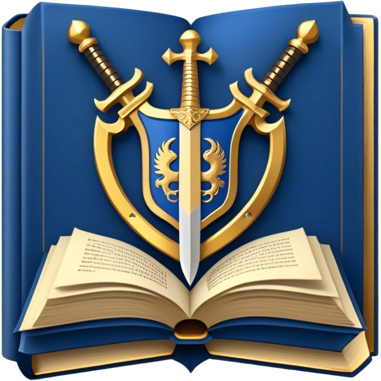 Description: A stylized, heraldic emblem combining an open book with a sword behind it Symbolizes knowledge and personal growth Color palette: Deep blue background, gold/bronze metallic details Represents the core philosophy of The Archives emoji