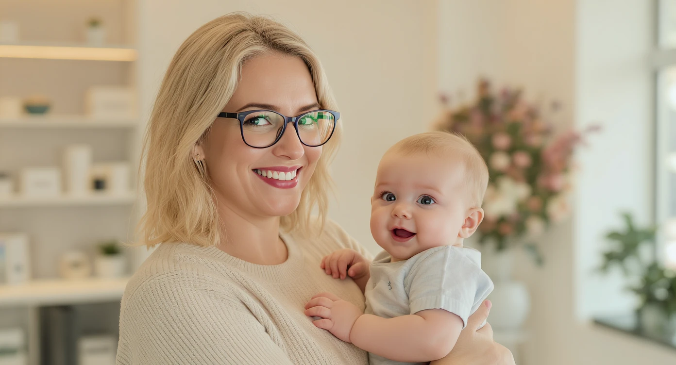 Cinematic still, Proffesional advertising of a smiling european white woman with glasses smiling holding baby, minimalistic ophthalmologist interior in background, leading  lines, "rule of thirds", 60/30/10 colors, soft light, warm colors emoji