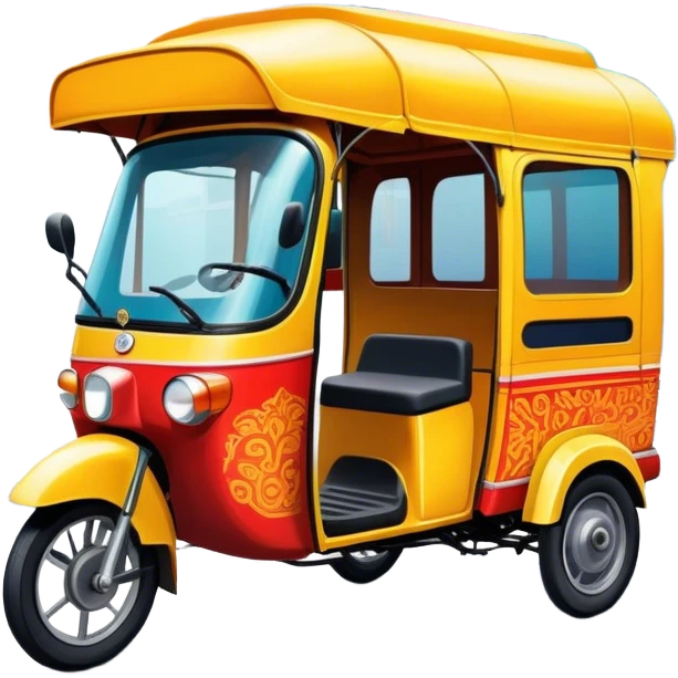 Cinematic Realistic image of a colorful auto rickshaw, rendered with detailed textures and lively, bold hues, set on a bustling urban street with dynamic, vibrant lighting that emphasizes its iconic role emoji