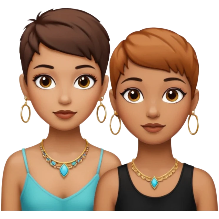 Puerto Rican fair skin straight brown pixie cut hair with hoop earrings make up and my best friend brown  colored pixie cut with jewelry and makeup on her caramel color face besties side-by-side wearing black  emoji