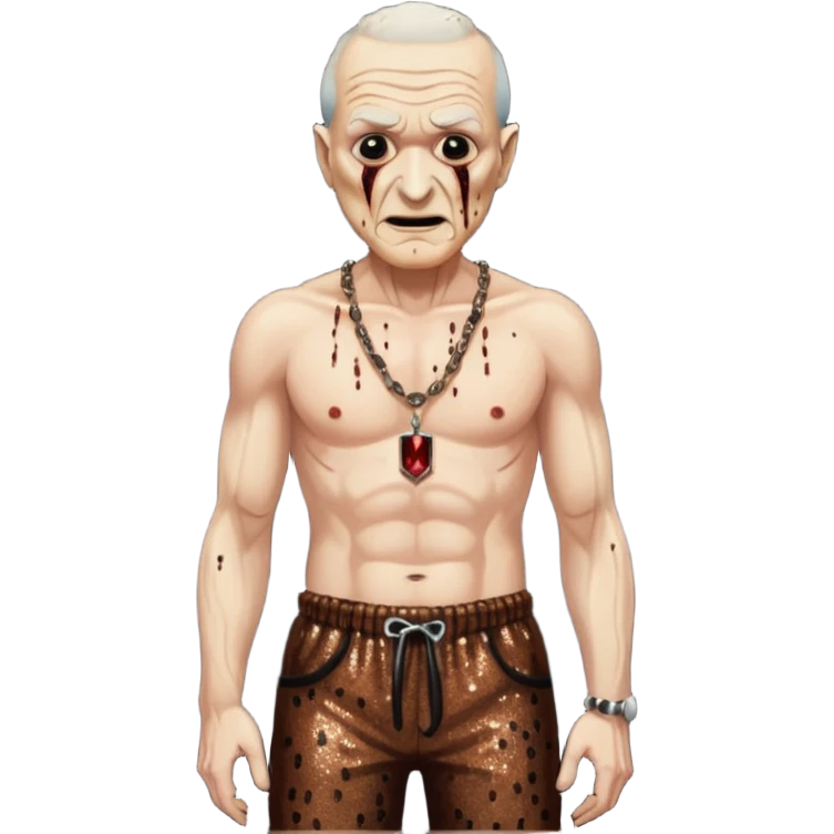 Freddy Krueger with burned skin, dark brown sequin baggy pants, shirtless with necklace emoji