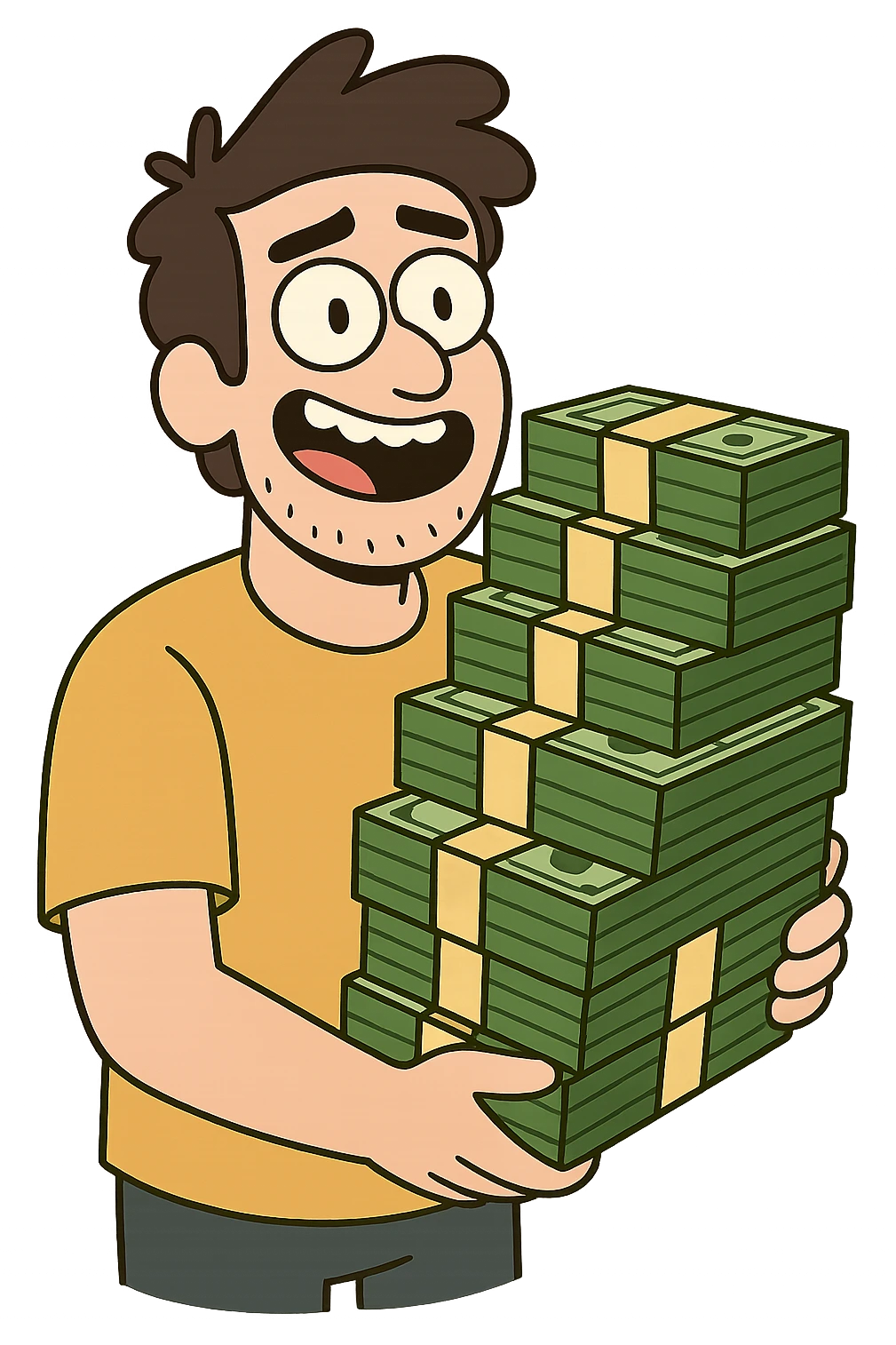 big stack of money, modern look, green gold and white color scheme, rounded shapes, simple design emoji