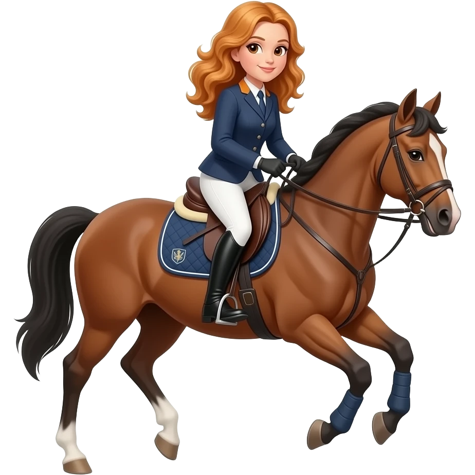 ginger hair equestrian woman with wavy hair and brown eyes and a horse emoji