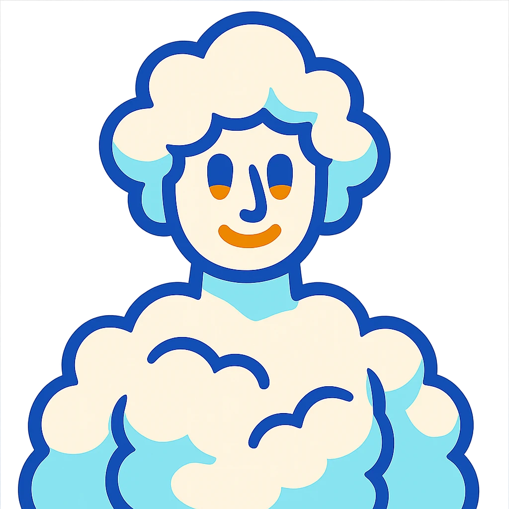 person, upper body up to the shoulders entirely made of voluminous clouds, clouds forming the shape of a person, cartoon illustration emoji