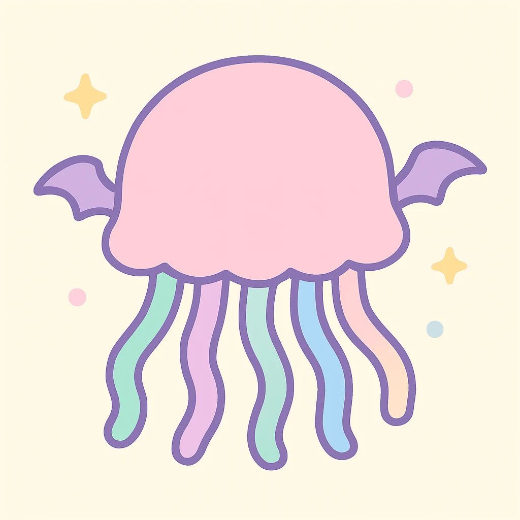 kawaii style jellyfish with no face, pastel dreamy colors, with mini bat wings, floating softly emoji