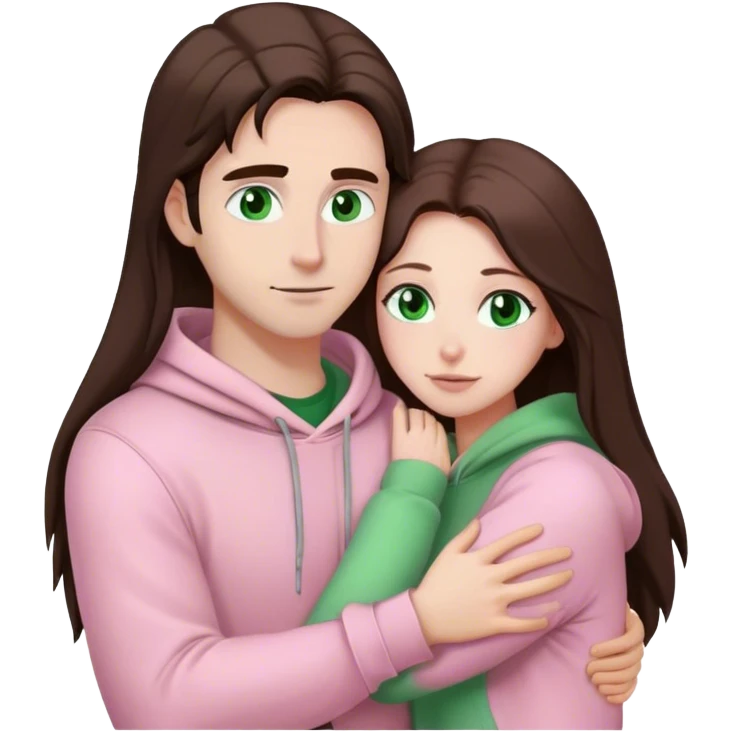 white woman with very long brown hair and green eyes in a light pink outfit hugging a white man with dark brown hair and black hoodie emoji