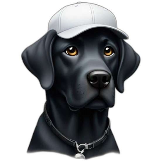 Labrador noir avec une casquette de baseball et une pipe emoji