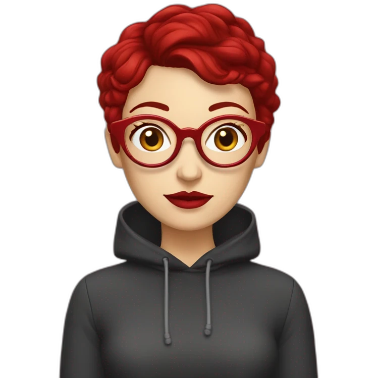 white woman with dark red pixie cut and big red glasses red lips wearing red hoody emoji