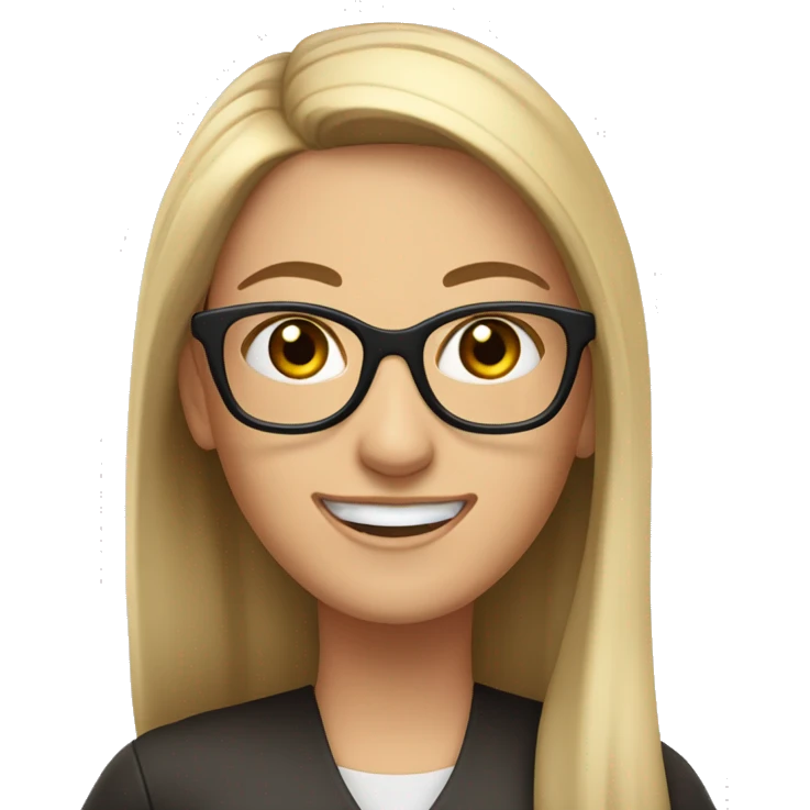 White woman, glasses, long straight hair pulled back at the sides, dark brown eyes smiling while waving emoji