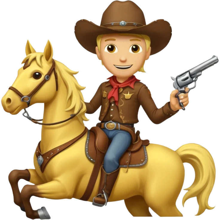 Cowboy riding a horse with revolver. Cowboy With yellow skin and smilling. Simplize it and I need a full pic with horse. Like I need the leg part too emoji