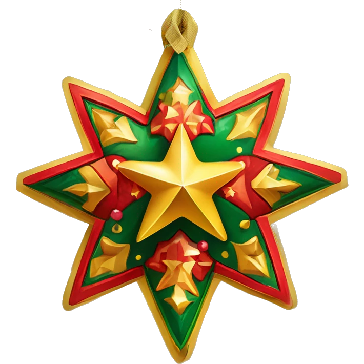 Traditional Ukrainian Christmas star for caroling, decorated with vibrant folkloric patterns, bright gold, red, and green colors, and small bells hanging from the edges, attached to a wooden pole. emoji