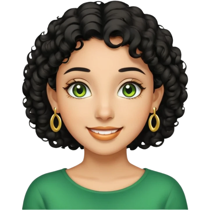 Girl showing happiness, medium skin tone, short curly black hair, gold earrings, green eyes emoji