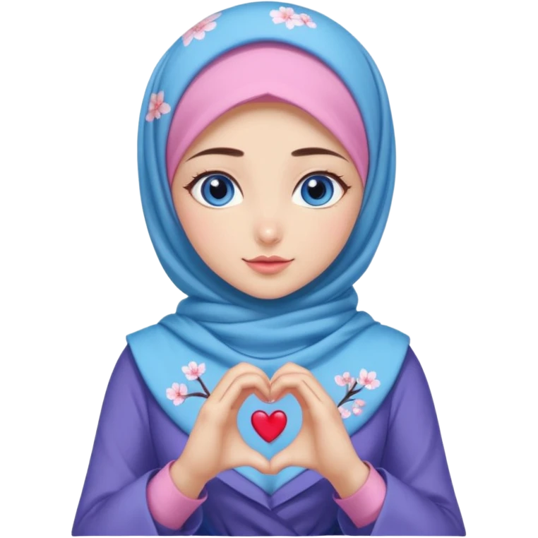 Turkish beautiful finish Konya girl blue eyes with mini cherry blossom hijab and lila blue pink dress and she make heart with hands emoji