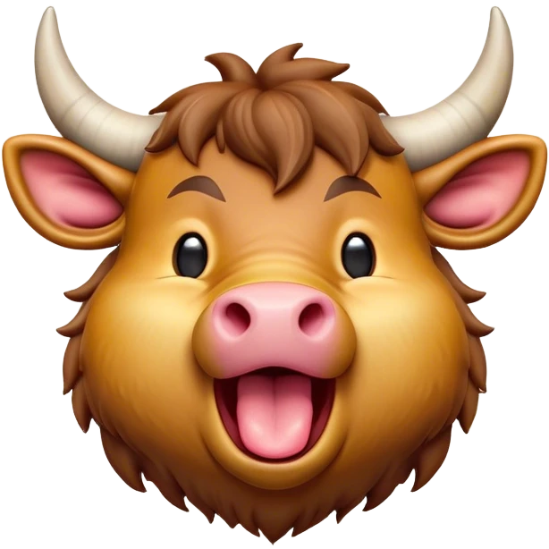 Cinematic Cute Yawning Domestic Ox Portrait Emoji, Head tilted slightly with a dramatic, wide-open yawn, showcasing a soft, textured hide with drooping horns and half-closed, drowsy eyes, Simplified yet irresistibly adorable features, highly detailed, glowing with a soft, cozy natural glow, high shine, relaxed yet expressive, stylized with a dash of pastoral whimsy, soft glowing outline, capturing the essence of a sleepy yet affectionate ox that seems ready to stretch out for a nap! emoji