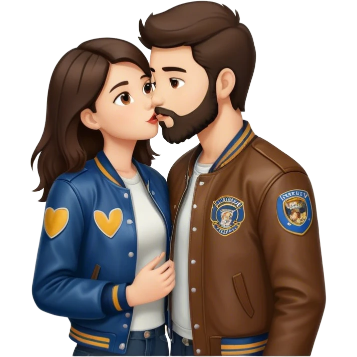 A brunette girl with a letterman jacket kissing a brunette boy with a beard and leather jacket  emoji