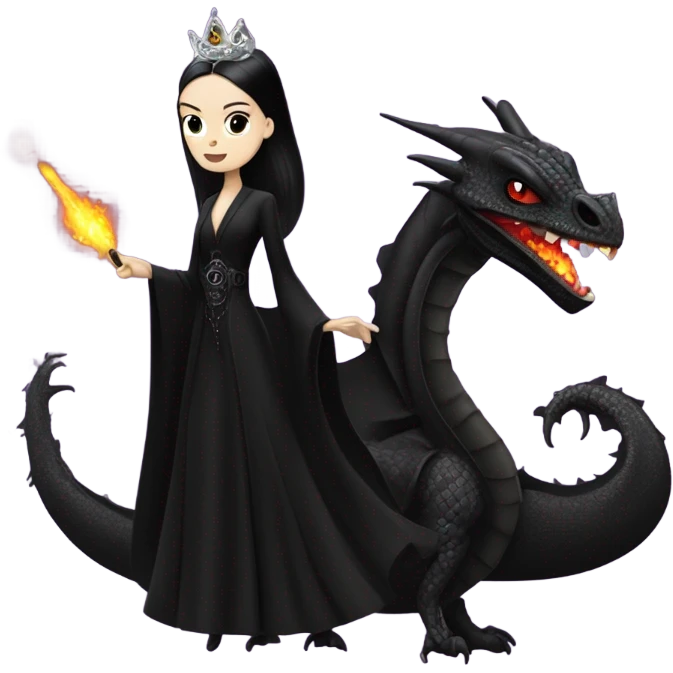 Lavish Victorian evening gown, young Morticia Addams Jedi wearing a mini tiara, riding on the back of a very large black shiny evil-looking fire-spewing horned dragon emoji