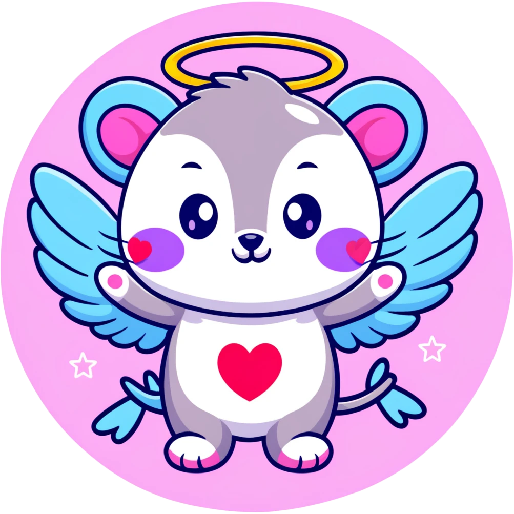 adorable possum with angel wings and halo, surrounded by stars and hearts, Lisa Frank colors emoji