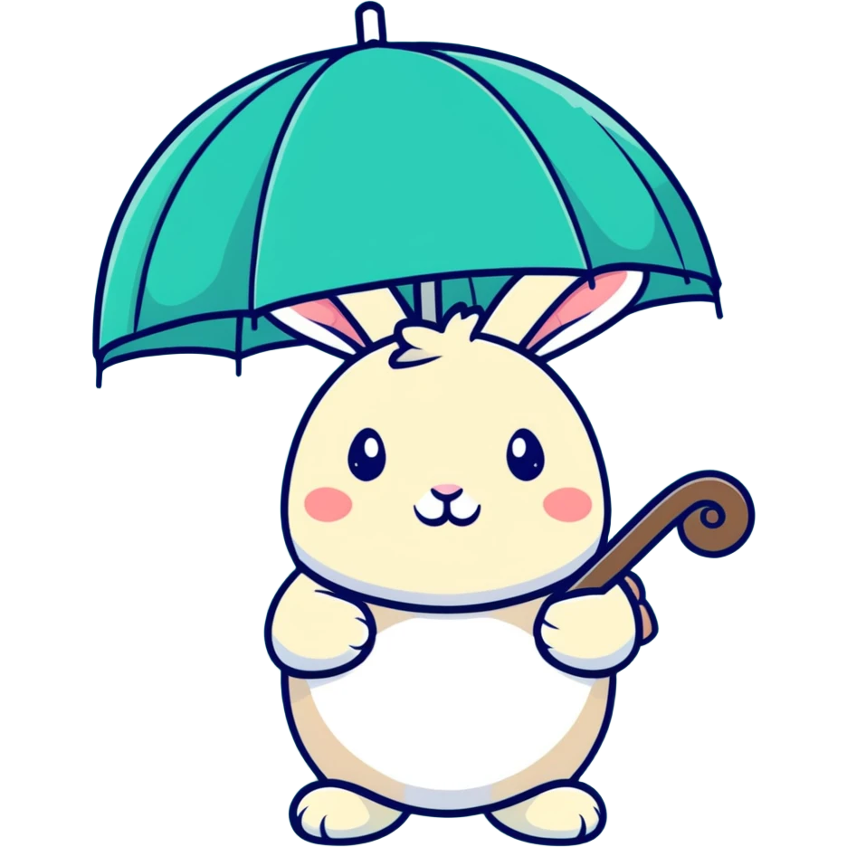 chubby bunny holding a mushroom umbrella, pastel beige and moss green emoji