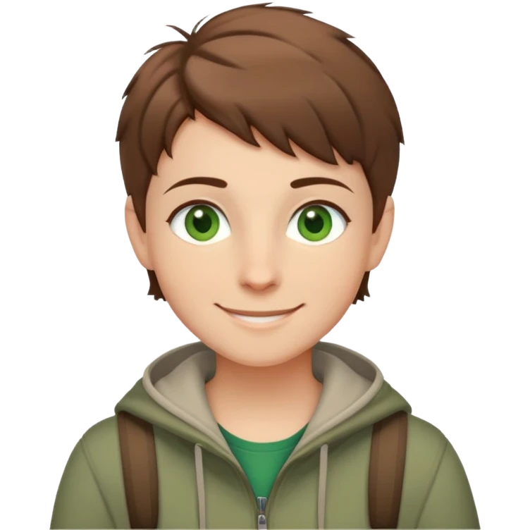 Rudeus Greyrat smiling warmly, green eyes, short brown hair, wearing travel clothes, friendly and kind expression emoji