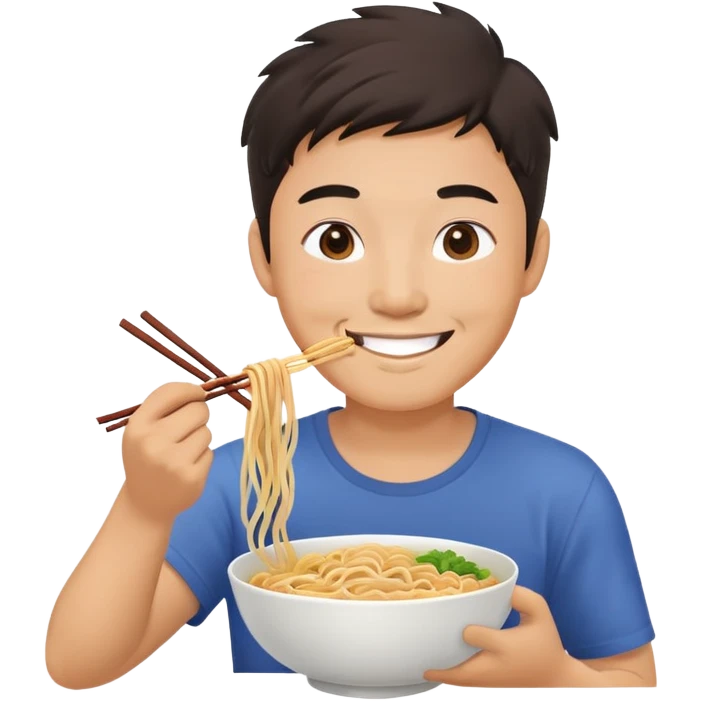 Asian man eating noodles and smiling  emoji