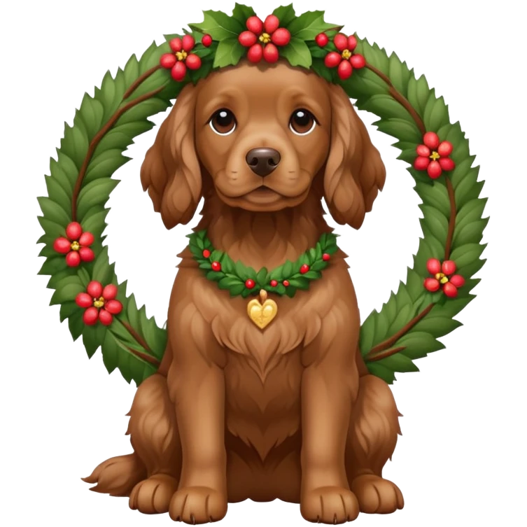 Full body shot of brown cocker spaniel sitting happily with a wreath on his head emoji