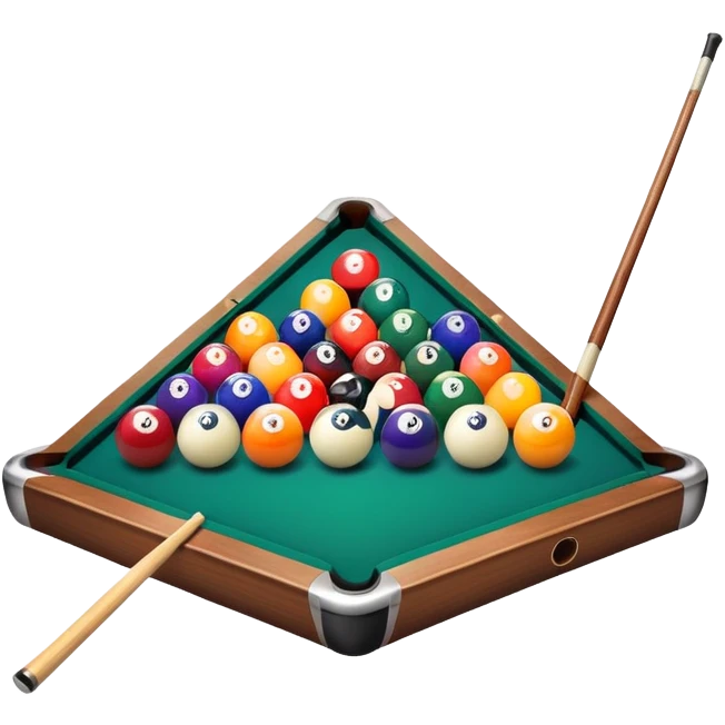 A billiard table with colorful balls arranged in a triangle, and a cue stick poised to break. The scene is set in a dimly lit room, with focused lighting highlighting the balls and table, emphasizing skill, precision, and strategy in the game of pool. emoji