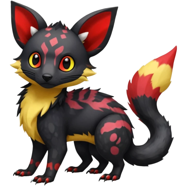 Rare exotic cute epic aesthetic gothic colorful Salandit-Eevee-Civet-species-Fakemon-hybrid-creature, with markings, full body emoji