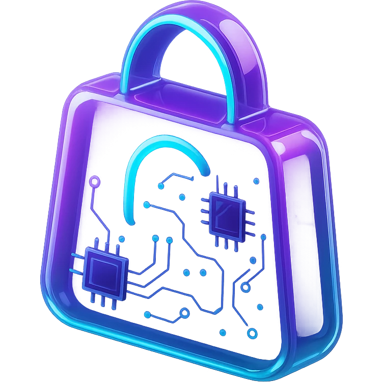 logo for an application, neon purple and cyan colors, black background, tech-inspired emoji
