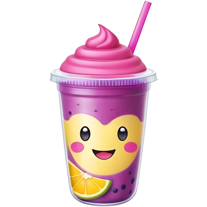 Cute Kawaii Smoothie Cup, filled with blended fruity goodness, a smiling face with excited eyes, bright colorful layers of pink, yellow, and purple, topped with a straw and tiny fruit slices! emoji