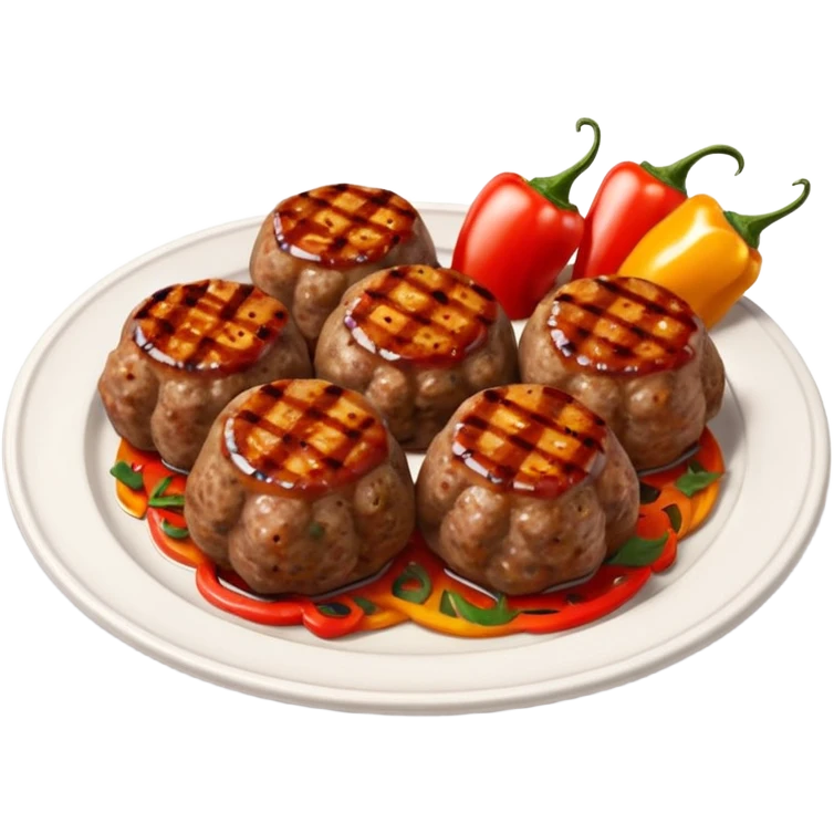 Akçaabat meatballs object icon, grilled Turkish kofte pieces on a plate, smoky char marks, juicy texture, served with grilled peppers and tomatoes, 3D cartoon, mobile game icon style, centered, clean background, no text, no watermark
 emoji