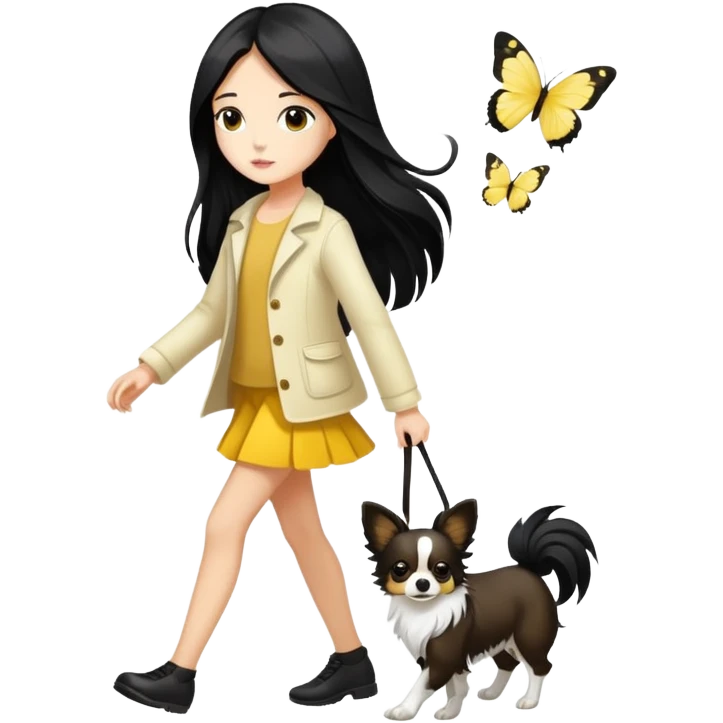 A girl with long black hair walks a yellow and white papillon emoji