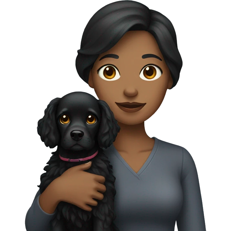 Woman with dark hair holding a black spaniel dog  emoji