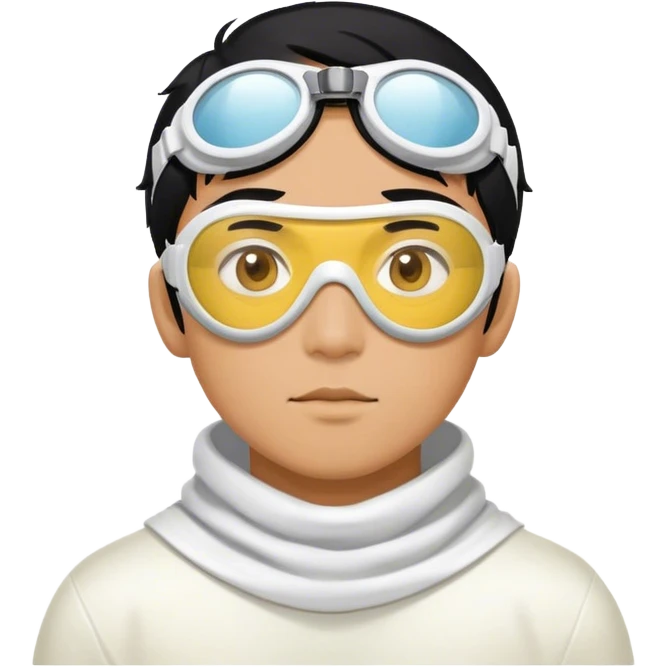 asian hero man with black hair, white circle goggles over the eyes, a yellow cowl emoji