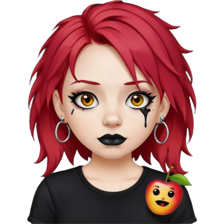 apple style emoji of a fair-skinned girl with messy cherry red hair, wearing a black t-shirt, black eyeliner, black lipstick, septum piercing, and multiple ear piercings emoji