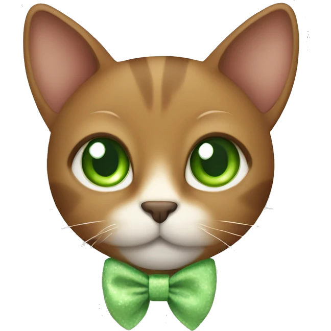brown cat with white chest, green eyes, bow on chest emoji