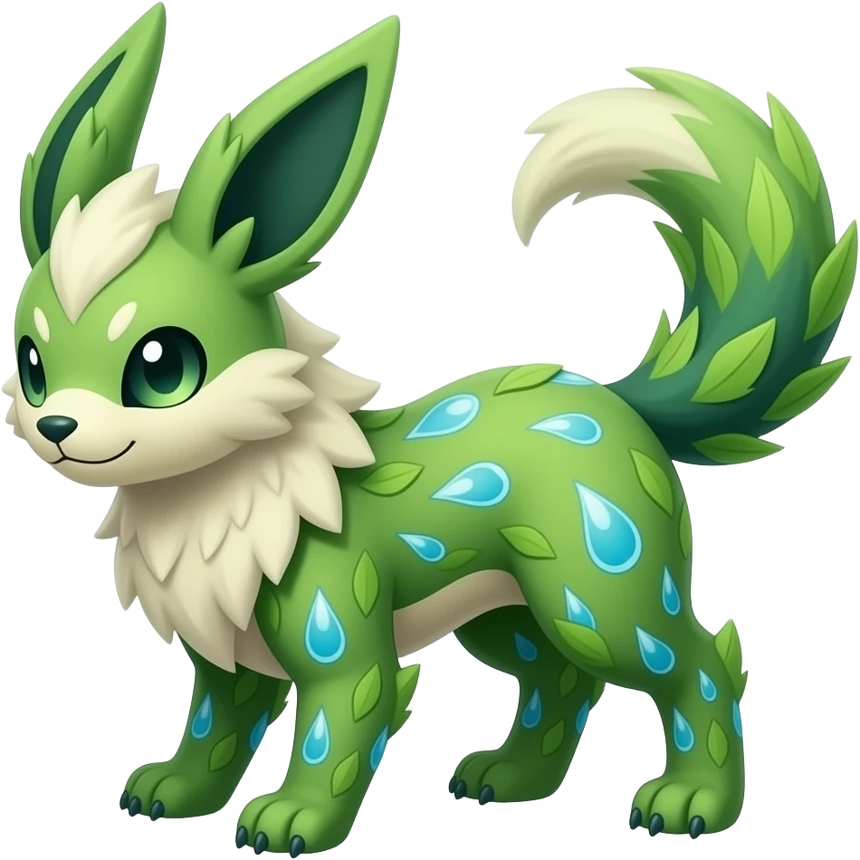 Leafeon-Vaporeon-Furret-fusion-hybrid-animal-creature with tufted ears, tufted tail emoji