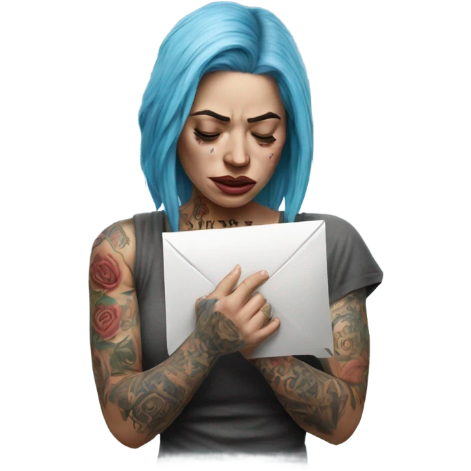 Hyper Realistic Beautiful tattooed woman crying holding a letter  emoji