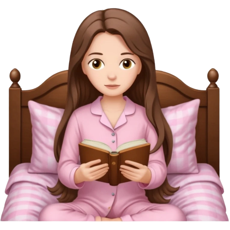  white long brunette hair girl with hazel eyes in light pink pajamas reading Pride and Prejudice emoji