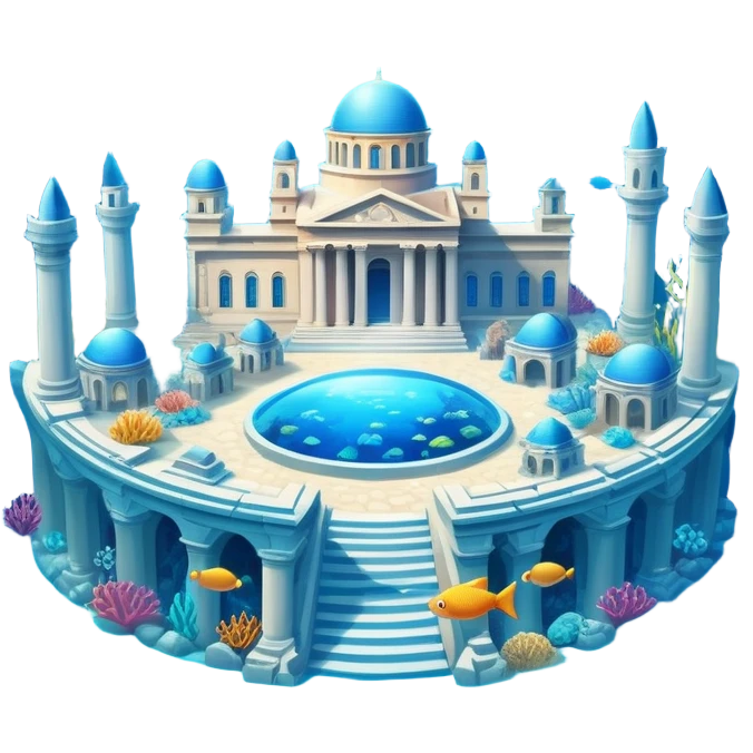 Atlantis underwater city with domed buildings, ancient Greek architecture, glowing blue energy crystal, surrounded by fish emoji