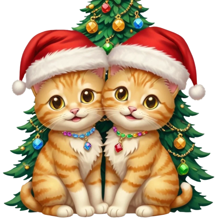 2 hazel green eyed cute hugging laughing fluffy gold twin kittens with Santa hats by a colorful multicolored brightly lit up Christmas trees wearing gold gem chains emoji