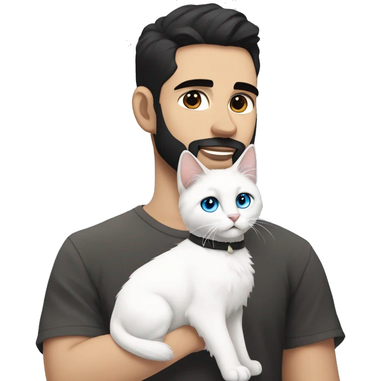 A guy with a black earing and black short hair and black beard and holding a all white Siberian cat with blue eyes  emoji