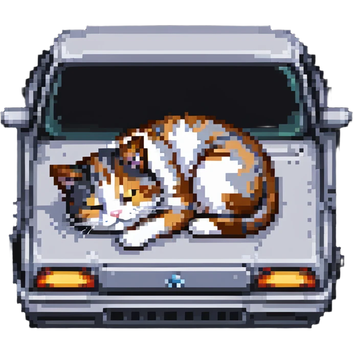 a cat curled up and sleeping on a car, pixel art style emoji