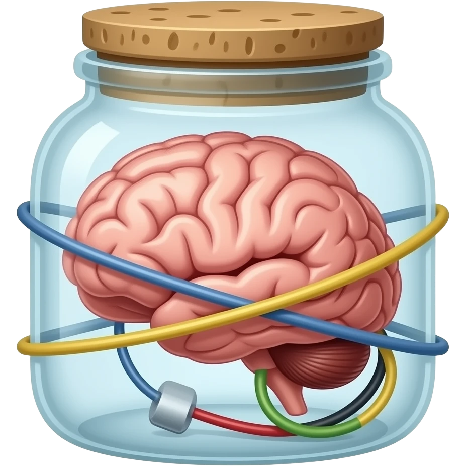 cinematic realistic - a brain placed in medical preparations that is connected to an electrical circuit, a glass jar wrapped in high-voltage wires emoji