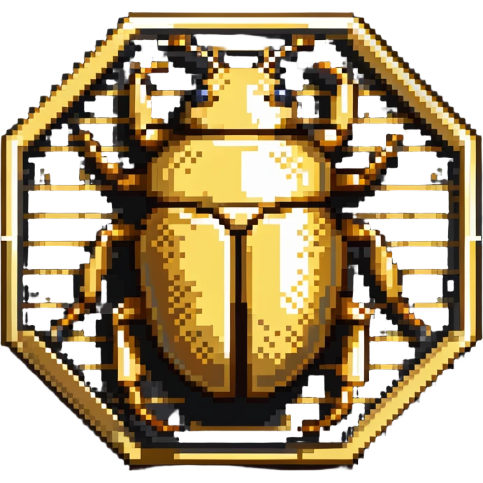 A golden hexagonal badge with a detailed beetle in the center, Discord bug hunter inspired emoji